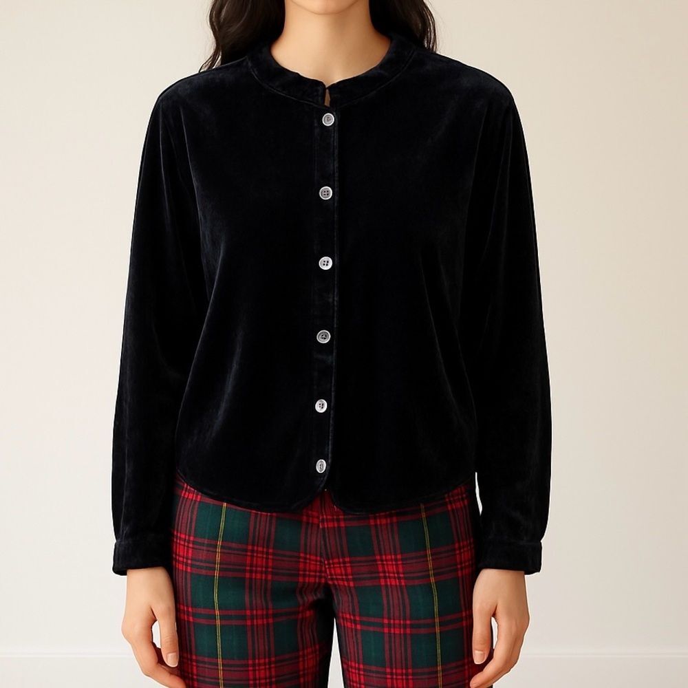 CP Shades Black Crushed Velvet Button Front Blouse Size Medium Lagenlook Top